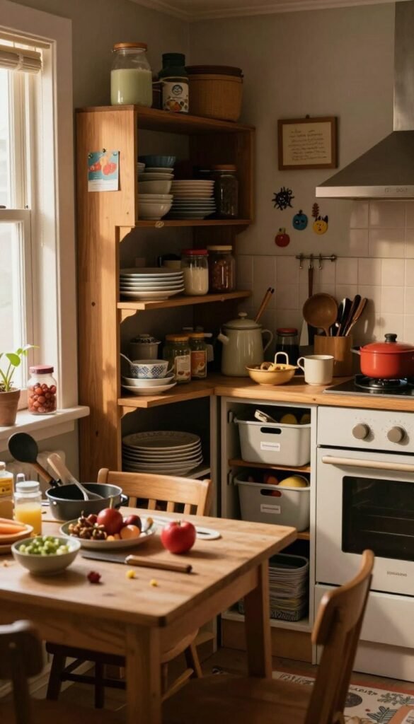 A small kitchen interior filled with chaos, portraying the struggles of limited storage space. In the foreground, a small table cluttered with cooking utensils and scattered ingredients, showcasing everyday kitchen chaos. The middle ground features a compact kitchen layout, with open shelves overflowing with dishes and jars, creating a sense of disorganization. The background displays dimly lit walls adorned with colorful kitchen magnets and framed recipes, enhancing the warm, inviting yet chaotic atmosphere. Soft, natural lighting filters through a window, casting gentle shadows and highlighting the rich textures of wood and soft textiles. Emphasize a Pinterest-inspired aesthetic with warm colors. Include a product labeled "Ordnungskiste" among the clutter, representing storage solutions. The mood reflects the frustration and creativity of making the most of a small kitchen space. A small kitchen interior filled with chaos, portraying the struggles of limited storage space. In the foreground, a small table cluttered with cooking utensils and scattered ingredients, showcasing everyday kitchen chaos. The middle ground features a compact kitchen layout, with open shelves overflowing with dishes and jars, creating a sense of disorganization. The background displays dimly lit walls adorned with colorful kitchen magnets and framed recipes, enhancing the warm, inviting yet chaotic atmosphere. Soft, natural lighting filters through a window, casting gentle shadows and highlighting the rich textures of wood and soft textiles. Emphasize a Pinterest-inspired aesthetic with warm colors. Include a product labeled "Ordnungskiste" among the clutter, representing storage solutions. The mood reflects the frustration and creativity of making the most of a small kitchen space.