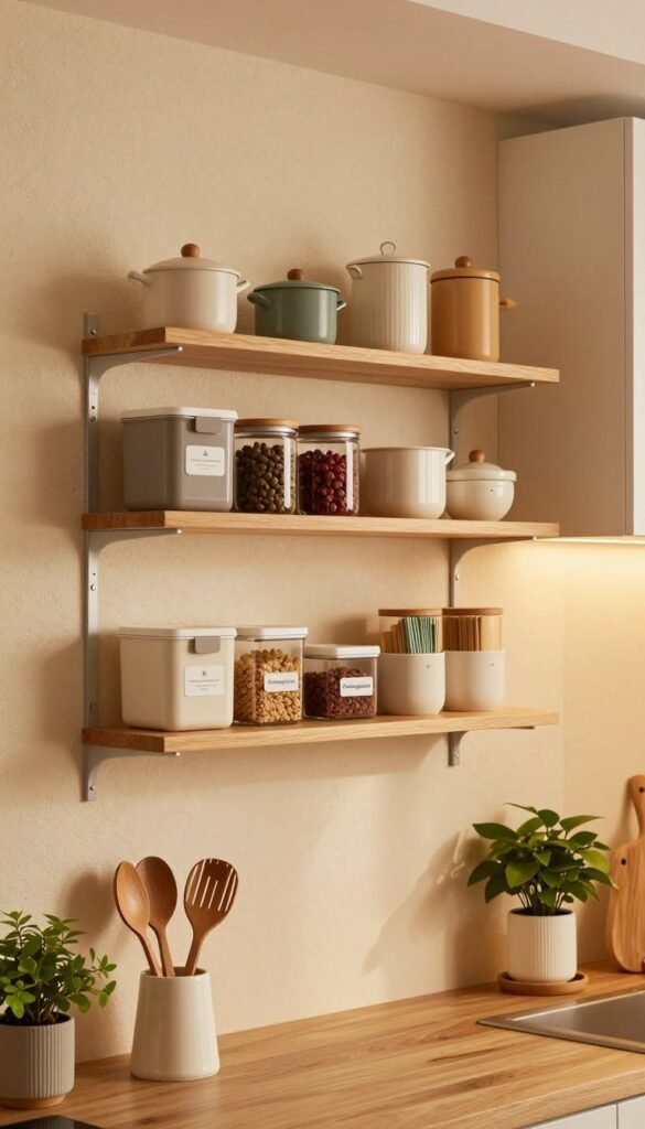 A small kitchen interior showcasing efficient wall storage solutions, featuring open shelving and neatly arranged containers labeled "Ordnungskiste" that highlight organization. The foreground includes stylish kitchen tools and plants, bringing life to the space. In the middle ground, a modern shelving unit is mounted on a textured wall, displaying pots, spices, and decorative items in warm, inviting colors. The background reveals a cozy nook with soft lighting that enhances the ambiance. The scene is photographed from a slightly elevated angle to capture both the functionality and aesthetic appeal. The overall atmosphere is warm and welcoming, embodying a Pinterest-inspired look, with an emphasis on authenticity and simplicity, with no text or graphic elements.