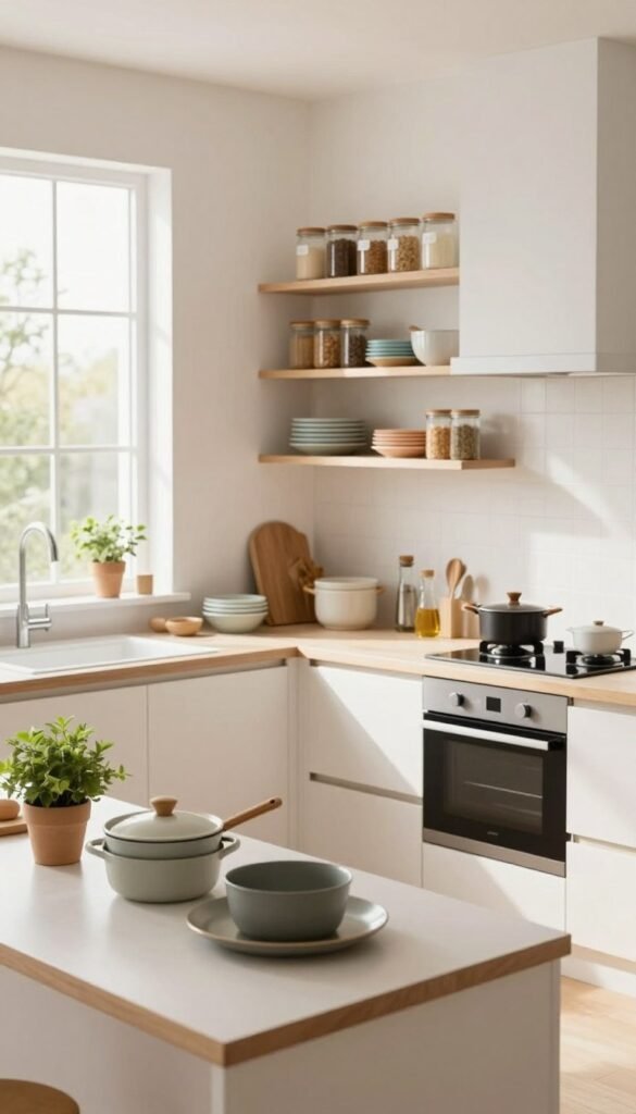 A small, organized kitchen featuring modern appliances and minimalistic decor. In the foreground, a well-arranged countertop showcases neatly stacked cookware and a small potted plant, adding a touch of green. The middle layer displays cabinets and shelves filled with labeled jars and colorful dishware, creating a sense of order. In the background, large windows allow natural light to pour in, illuminating the warm color palette of soft whites, earthy tones, and natural wood. The overall atmosphere is inviting and serene, reflecting an organized space that feels both functional and aesthetically pleasing. The scene is captured from a slightly elevated angle to emphasize the kitchen's cleanliness and orderly design, evoking a sense of tranquility and efficiency.