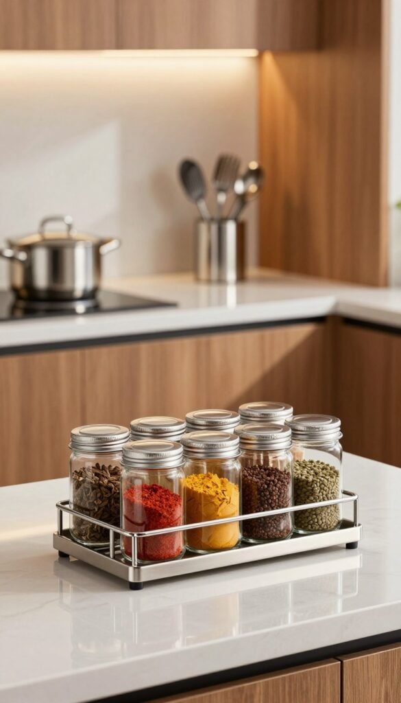 A sophisticated kitchen scene featuring high-quality stainless steel (edelstahl) organizational tools, such as containers, racks, and utensils. In the foreground, focus on a sleek stainless steel spice rack, reflecting natural light, with vibrant spices neatly arranged in clear jars. The middle ground showcases a countertop with stainless steel pots and a stylish cutlery holder, emphasizing functionality and modern design. In the background, softly blurred elements of a contemporary kitchen, including wooden cabinets and warm-toned lighting, create a cozy and inviting atmosphere. Capture this scene with a three-quarter view to highlight the sheen of the stainless steel against the warm color palette, using soft, diffused lighting to enhance the textures and depth. The overall mood is professional and polished, showcasing the importance of materials and craftsmanship in kitchen organization.