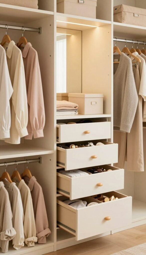 A spacious and modern wardrobe interior showcasing various storage solutions, emphasizing organization and efficiency. In the foreground, neatly arranged clothing in soft pastel colors hangs from elegant wooden hangers, while custom drawers and boxes labeled "Ordnungskiste" are visible in the middle, displaying neatly folded garments and accessories. The background features a large mirror reflecting warm natural light, enhancing the inviting atmosphere. The walls are a soft beige, with warm golden lighting illuminating the space. The overall mood is cozy, professional, and well-organized, inspired by Pinterest aesthetics, with a focus on practical and stylish storage options.