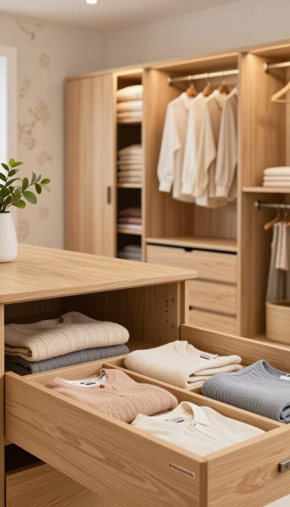 A spacious, elegantly designed "kleiderschrank" in a warm, inviting room featuring natural wood tones and soft pastel colors. In the foreground, close-up view of neatly organized compartments displaying a variety of clothes, folded sweaters, and elegantly hung blouses. The middle ground showcases the full height of the wardrobe, with integrated lighting highlighting the items inside. In the background, a cozy, well-lit atmosphere with a hint of a vintage style wallpaper and a potted plant adding a fresh touch. The mood is serene and orderly, emphasizing a stylish yet practical solution for wardrobe organization. Subtle branding of &ldquo;Ordnungskiste&rdquo; is incorporated into the design of the wardrobe fittings. Soft, diffused light gives a Pinterest aesthetic.