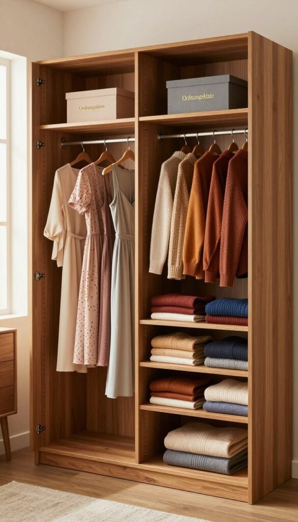 A spacious, elegantly designed open wardrobe showcasing a variety of neatly arranged clothing. The wardrobe features natural wood with a warm finish, accentuating the inviting atmosphere. On the left side, hang elegant dresses in soft pastels, while on the right, neatly folded sweaters in rich, warm colors are displayed on open shelves. A few decorative boxes labeled "Ordnungskiste" sit atop the shelves, adding a touch of organization. The background features a softly-lit room with natural light filtering through a large window, creating a cozy and stylish ambiance. Capture the image at a three-quarter angle to highlight the depth of the wardrobe, focusing on the textures of the fabrics and wood. The overall mood should be warm, inviting, and organized, perfect for a Pinterest-inspired home interior.