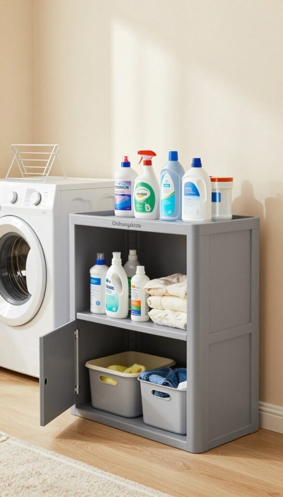 A spacious laundry room featuring a sturdy, modern Kunststoffschrank (plastic cabinet) branded "Ordnungskiste" in the foreground, crafted from textured plastic and showcasing a smooth, matte gray finish. The cabinet is filled with organized household items such as cleaning supplies, laundry essentials, and storage boxes neatly arranged. In the middle ground, a washing machine and a drying rack can be seen, creating a functional and inviting atmosphere. The background includes soft, warm lighting that enhances the cozy, utilitarian feeling of the space, with painted walls in pale colors. The perspective is slightly angled to give depth, capturing the essence of an efficient and aesthetically pleasing household storage solution. The overall mood is inviting and organized, perfect for illustrating a practical home environment.
