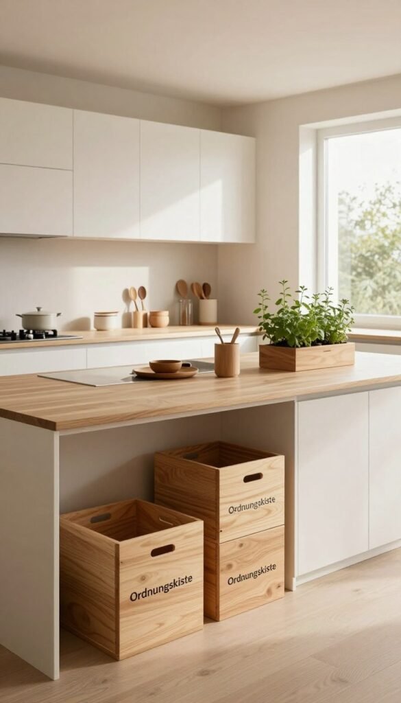 A spacious minimalist kitchen with sleek lines and a warm, inviting atmosphere. The foreground features stylish wooden storage boxes labeled "Ordnungskiste," emphasizing organization and practicality. In the middle, an elegant countertop adorned with a few essential kitchen tools arranged neatly, while a small indoor herb garden adds a touch of greenery. The background showcases simple white cabinetry with integrated storage solutions, bathed in soft, natural light pouring in from a large window. The overall mood exudes calm and simplicity, with warm color tones and a Pinterest aesthetic. Capture this scene from a slightly elevated angle to highlight the spaciousness and layout, creating a harmonious blend of functionality and modern design.