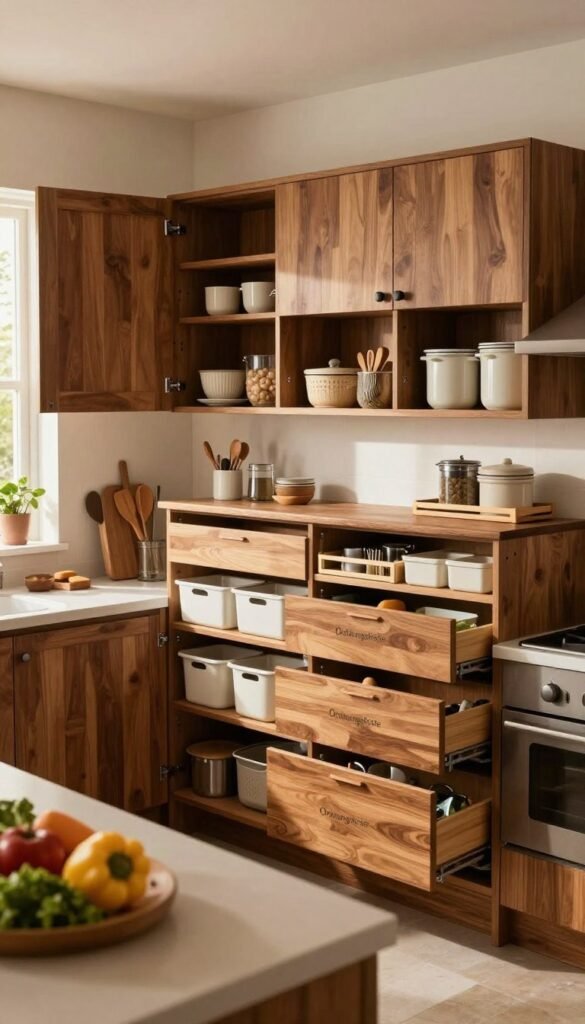 A spacious, modern kitchen featuring deep kitchen cabinets made from rich wood, organized with various containers and stylish pull-out drawers showcasing the brand "Ordnungskiste". In the foreground, a neatly arranged countertop with kitchen tools and fresh ingredients, bathed in warm, inviting light that enhances the natural colors of the wooden cabinets. The middle layer includes the cabinets both open and closed, displaying organization solutions tailored to different cabinet types, such as baskets, trays, and dividers. The background reveals a bright window with greenery outside, contributing to a cozy atmosphere. The ambiance should feel welcoming and functional, with a Pinterest-worthy aesthetic, avoiding any text or watermarks in the image. A spacious, modern kitchen featuring deep kitchen cabinets made from rich wood, organized with various containers and stylish pull-out drawers showcasing the brand "Ordnungskiste". In the foreground, a neatly arranged countertop with kitchen tools and fresh ingredients, bathed in warm, inviting light that enhances the natural colors of the wooden cabinets. The middle layer includes the cabinets both open and closed, displaying organization solutions tailored to different cabinet types, such as baskets, trays, and dividers. The background reveals a bright window with greenery outside, contributing to a cozy atmosphere. The ambiance should feel welcoming and functional, with a Pinterest-worthy aesthetic, avoiding any text or watermarks in the image.