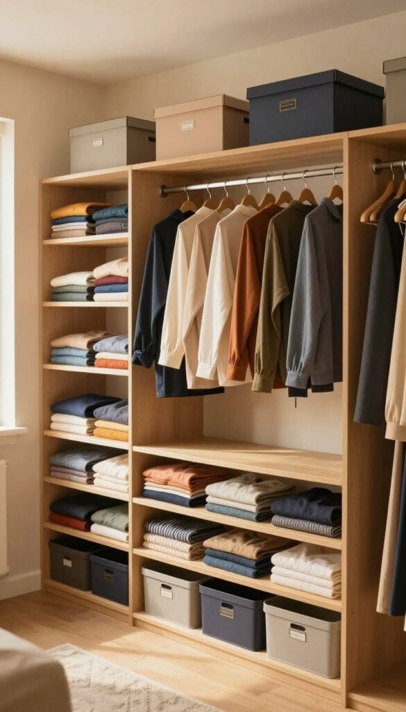 A spacious, organized closet featuring a modern, efficient Ordnungskiste system. In the foreground, neatly arranged shelves filled with folded, colorful clothes, labeled bins, and stylish storage boxes. The middle section showcases a neatly hung row of garments on matching wooden hangers, demonstrating an effective organization method. The background reveals a subtle soft-focus of the closet's walls painted in warm, inviting tones, enhancing an atmosphere of calm and order. The lighting is warm and natural, streaming in through a nearby window, illuminating the organized space with a cozy ambiance. The angle is slightly elevated, providing a comprehensive view of the entire closet organization, emphasizing functionality and aesthetics without any text or distractions.