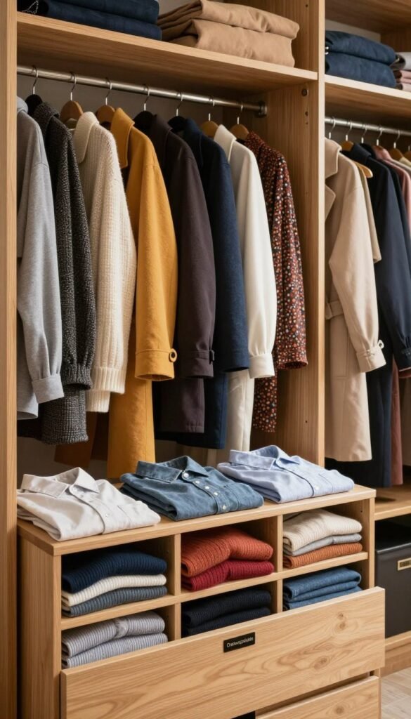 A spacious, organized "kleiderschrank" overflowing with colorful clothing. In the foreground, neatly folded shirts and sweaters in a variety of warm colors are stacked in wooden drawer compartments, labeled with the brand name "Ordnungskiste." The middle section showcases neatly hung coats and dresses, showcasing textures and patterns that reflect a cozy, inviting vibe. In the background, soft lighting floods the scene, highlighting the natural wood tones of the wardrobe, casting gentle shadows that enhance the warmth of the environment. The composition captures a sense of order, yet hints at the potential chaos of a disorganized space, conveying both harmony and the challenges of closet organization. The overall atmosphere is authentic and Pinterest-worthy, evoking a serene, lived-in feel without any text or distractions. A spacious, organized "kleiderschrank" overflowing with colorful clothing. In the foreground, neatly folded shirts and sweaters in a variety of warm colors are stacked in wooden drawer compartments, labeled with the brand name "Ordnungskiste." The middle section showcases neatly hung coats and dresses, showcasing textures and patterns that reflect a cozy, inviting vibe. In the background, soft lighting floods the scene, highlighting the natural wood tones of the wardrobe, casting gentle shadows that enhance the warmth of the environment. The composition captures a sense of order, yet hints at the potential chaos of a disorganized space, conveying both harmony and the challenges of closet organization. The overall atmosphere is authentic and Pinterest-worthy, evoking a serene, lived-in feel without any text or distractions.