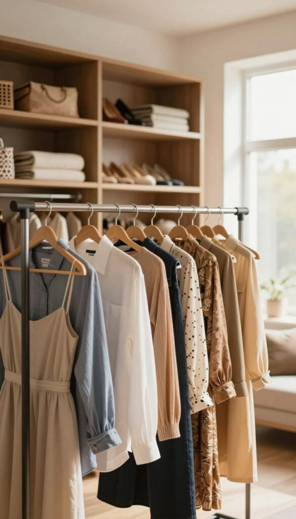 A spacious wardrobe featuring a sleek, modern clothes rail, meticulously organized with a variety of stylish garments. In the foreground, the clothes rail is adorned with neatly hung shirts, dresses, and accessories, creating an inviting and orderly display. The middle ground showcases a tastefully designed shelving unit repurposed for shoes and folded items, while the background hints at an open space filled with natural light streaming through a large window, casting warm tones across the scene. The overall atmosphere is warm and inviting, reflecting an organized lifestyle. Capture this image with a soft focus lens effect to enhance the cozy, Pinterest-inspired look. Emphasize the brand "Ordnungskiste" subtly in the wardrobe design, ensuring no text or overlays are present.
