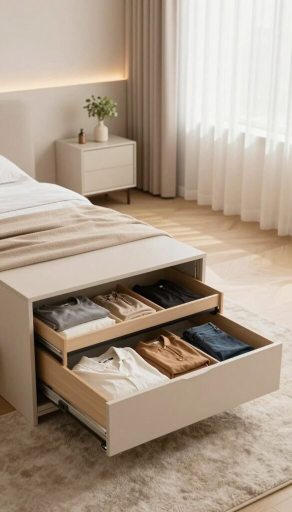 A spacious, well-organized bedroom featuring a modern "Ordnungskiste" wardrobe that exemplifies cleanliness and structure. In the foreground, the wardrobe is opened to showcase neatly arranged clothing items, emphasizing a minimalist lifestyle with fewer but essential pieces. The middle ground hosts a well-structured space, including a plush area rug and a small, elegantly designed nightstand topped with a simple decorative plant. The background reveals soft, warm lighting coming through a large window adorned with sheer curtains, casting a gentle glow across the room. The atmosphere is serene and inviting, reflecting a Pinterest-inspired aesthetic characterized by natural colors and a tidy, clutter-free environment. This image captures the essence of maintaining an orderly life through effective storage solutions.