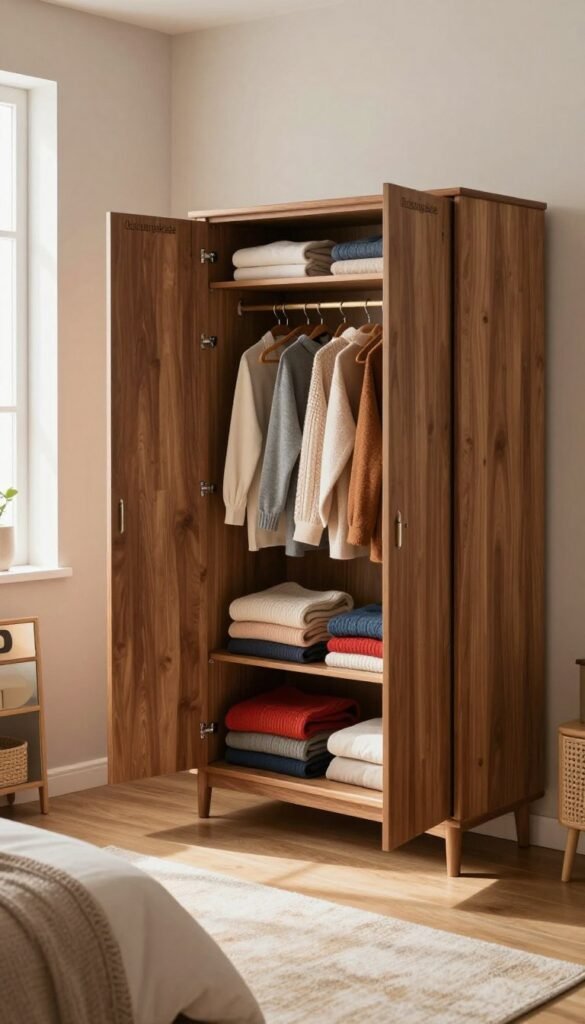A spacious, well-organized corner of a stylish bedroom featuring a beautifully crafted wooden "Ordnungskiste" wardrobe. In the foreground, the wardrobe doors are slightly ajar, revealing neatly hung clothes and vibrant, folded sweaters, showcasing a system that prevents clutter. In the middle ground, a soft rug adds warmth, while a small mirror reflects the inviting atmosphere. The background features muted pastel walls adorned with minimalistic decor, emphasizing a cozy, lived-in feel. Soft, natural lighting spills in from a window, casting gentle shadows and highlighting the texture of the wardrobe. The overall mood is tranquil and organized, inviting the viewer to appreciate the smart use of deep storage without feeling overwhelmed by chaos. A spacious, well-organized corner of a stylish bedroom featuring a beautifully crafted wooden "Ordnungskiste" wardrobe. In the foreground, the wardrobe doors are slightly ajar, revealing neatly hung clothes and vibrant, folded sweaters, showcasing a system that prevents clutter. In the middle ground, a soft rug adds warmth, while a small mirror reflects the inviting atmosphere. The background features muted pastel walls adorned with minimalistic decor, emphasizing a cozy, lived-in feel. Soft, natural lighting spills in from a window, casting gentle shadows and highlighting the texture of the wardrobe. The overall mood is tranquil and organized, inviting the viewer to appreciate the smart use of deep storage without feeling overwhelmed by chaos.