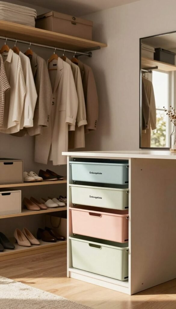 A spacious, well-organized walk-in wardrobe with a sleek design featuring the brand "Ordnungskiste". In the foreground, an open section reveals neatly stacked "stapelbare Schrankboxen" in soft pastel colors, showcasing their practical size and function. In the middle ground, elegant clothing hangs on wooden hangers, with shoes arranged neatly below. The background displays a large mirror reflecting the sunlight, creating a warm and inviting atmosphere. Soft, natural lighting filters in, accentuating the clean lines and textures of the wardrobe. The overall mood is harmonious and calming, embodying the concept of organized living. The image captures the essence of why a closet can feel perpetually too small, highlighting efficient use of space and comforting design.
