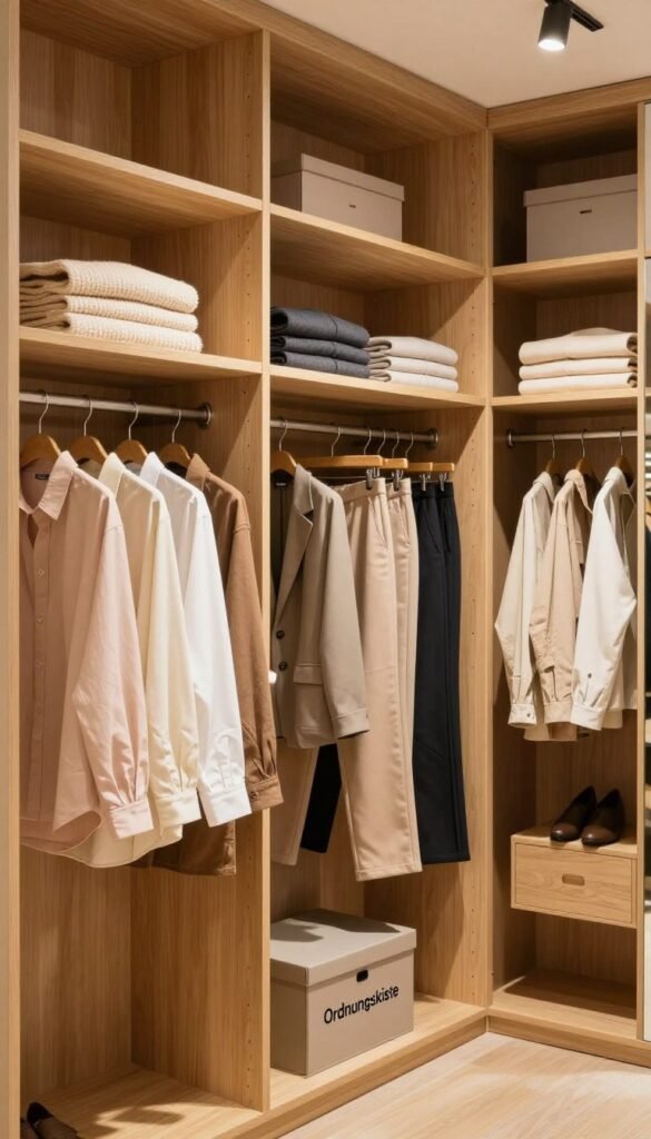 A spacious, well-organized wardrobe filled with categorized clothing in warm, natural colors, showcasing various sections for everyday wear. In the foreground, neatly hung shirts and blouses in soft pastels, paired with folded sweaters on a shelf above. In the middle, carefully arranged space for trousers and skirts, organized by color and style. The background features an inviting ambiance with soft lighting illuminating the wooden interior of the wardrobe, creating a cozy atmosphere. A small, stylish storage box labeled "Ordnungskiste" sits at the bottom, blending seamlessly into the design. The perspective captures the wardrobe from a slightly elevated angle, making it look inviting and functional, akin to a Pinterest-inspired interior design. No text or logos other than "Ordnungskiste".