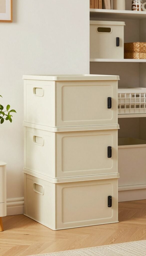 A stack of three "Ordnungskiste" storage boxes, designed for efficient space-saving with a focus on front-opening doors, showcasing a practical approach for high stacking. The foreground features the boxes in a bright, modern room with a wooden floor, surrounded by subtle decorative elements like indoor plants and minimalistic decor. In the middle ground, there are soft, warm lighting effects enhancing the natural colors of the boxes, evoking an inviting atmosphere. The background reveals a well-organized closet with additional storage solutions, maintaining a Pinterest-inspired aesthetic. The scene is clean, and authentic, emphasizing functionality and style, without any text or branding elements in the image.