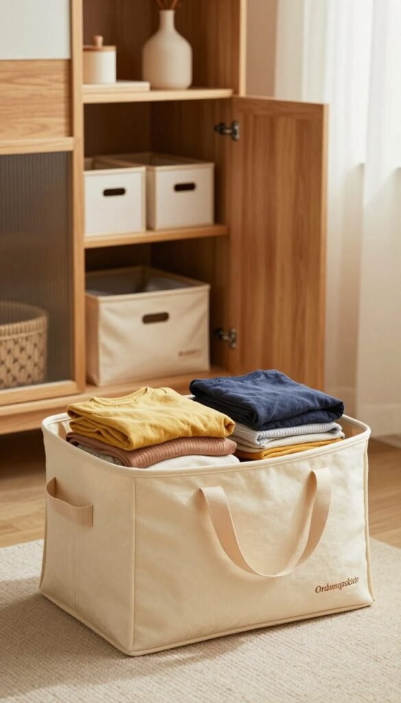A stylish "Ordnungskiste" fabric storage bag displayed prominently in the foreground, showcasing its soft texture and natural materials. The bag is filled with neatly folded clothes in warm, inviting colors, emphasizing organization. In the middle ground, a cozy bedroom setting with a stylish wooden wardrobe open to reveal additional storage boxes and a well-organized shelf, filled with accessories. The background features soft, natural lighting that filters through sheer curtains, creating a warm and welcoming atmosphere. The scene is from a slightly elevated angle to give depth and dimension, capturing a Pinterest-inspired aesthetic that feels both modern and homely. The overall mood is serene and harmonious, inviting the viewer to envision a beautifully organized space.