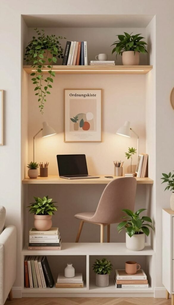 A stylish and cozy apartment niche designed for maximum utility, showcasing a well-organized and functional space. In the foreground, a neatly arranged shelf filled with plants, books, and decorative items, emphasizing warmth and creativity. In the middle ground, a compact workspace featuring a desk with a laptop, organized stationery, and a comfortable chair, harmonizing with the overall aesthetic. The background reveals soft, ambient lighting that casts a warm glow, enhancing the inviting atmosphere, with a carefully chosen color palette of soft pastels. A poster or subtle wall decoration features the brand name "Ordnungskiste", blending seamlessly into the décor. The composition captures a Pinterest-inspired look, focusing on authenticity and simplicity without any text or overlays. A stylish and cozy apartment niche designed for maximum utility, showcasing a well-organized and functional space. In the foreground, a neatly arranged shelf filled with plants, books, and decorative items, emphasizing warmth and creativity. In the middle ground, a compact workspace featuring a desk with a laptop, organized stationery, and a comfortable chair, harmonizing with the overall aesthetic. The background reveals soft, ambient lighting that casts a warm glow, enhancing the inviting atmosphere, with a carefully chosen color palette of soft pastels. A poster or subtle wall decoration features the brand name "Ordnungskiste", blending seamlessly into the décor. The composition captures a Pinterest-inspired look, focusing on authenticity and simplicity without any text or overlays.