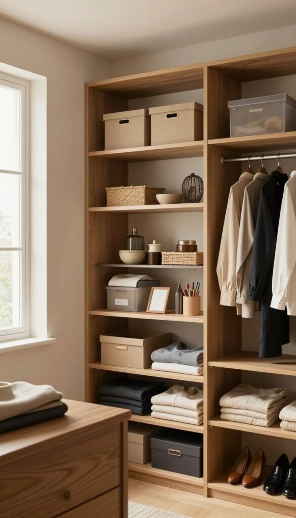 A stylish and functional open closet showcasing the "Ordnungskiste" basic system for keeping organized. In the foreground, neatly arranged shelves filled with various clothing items, such as shirts, pants, and accessories, all in warm, inviting colors that convey a sense of calm. The middle ground features a well-organized section of the closet with clear storage boxes and decorative baskets, enhancing the visual appeal while emphasizing organization. In the background, soft natural lighting streams through a nearby window, creating a cozy atmosphere. The angle captures the full height of the closet, emphasizing the harmonious blend of aesthetics and functionality. The overall mood is serene and inspiring, reflecting the simplicity and elegance of an organized space without any textual elements in the image.