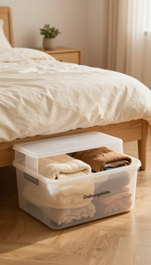 A stylish and functional plastic storage box with a lid, branded "Ordnungskiste," sits elegantly underneath a bed. In the foreground, the box is partially open, revealing neatly organized items such as blankets and seasonal clothes inside. The middle ground features a warm, softly lit bedroom with wooden flooring and neutral-toned walls, decorated with minimalistic decor for a cozy vibe. The background showcases the edge of the bed and a glimpse of a nightstand adorned with a small potted plant. The lighting is warm and inviting, creating a peaceful atmosphere reminiscent of Pinterest aesthetics. The overall mood is tidy and serene, emphasizing efficient under-bed storage solutions without any text or overlays. A stylish and functional plastic storage box with a lid, branded "Ordnungskiste," sits elegantly underneath a bed. In the foreground, the box is partially open, revealing neatly organized items such as blankets and seasonal clothes inside. The middle ground features a warm, softly lit bedroom with wooden flooring and neutral-toned walls, decorated with minimalistic decor for a cozy vibe. The background showcases the edge of the bed and a glimpse of a nightstand adorned with a small potted plant. The lighting is warm and inviting, creating a peaceful atmosphere reminiscent of Pinterest aesthetics. The overall mood is tidy and serene, emphasizing efficient under-bed storage solutions without any text or overlays.