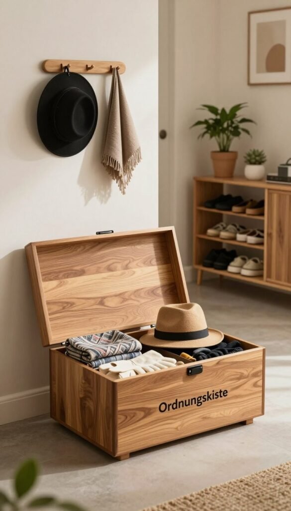 A stylish and modern "Ordnungskiste" storage box, featured prominently in the foreground, crafted from natural wood with a polished finish. The box is open, revealing neatly organized items such as scarves, hats, and gloves, demonstrating its functionality. In the middle ground, a well-organized hallway with a minimalist design showcases additional storage solutions like wall hooks and a shoe rack, creating a welcoming atmosphere for stress-free mornings. Soft, warm lighting bathes the scene, enhancing the natural colors and textures. In the background, a tastefully decorated wall adds a touch of elegance, with plants strategically placed to bring life into the image. The overall mood is calm and inviting, perfect for illustrating organization at home without any text or distractions.