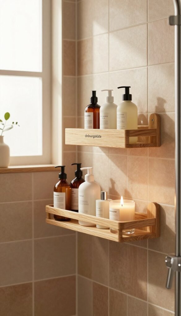A stylish and modern bathroom scene showcasing a well-organized shower shelf ("duschablage") branded with "Ordnungskiste". In the foreground, the shelf features neatly arranged toiletries such as shampoos, conditioners, and scented candles. The middle ground reveals a beautifully designed shower space with tiles in warm hues and natural wood accents, enhancing the cozy, inviting atmosphere. The background displays soft, natural light filtering in through a frosted window, creating a serene ambiance. The overall mood is warm and harmonious, reminiscent of a Pinterest-inspired interior design, evoking a sense of practicality for small spaces without drilling. Aim for a clear, inviting composition that emphasizes organization and style without any text or distractions.