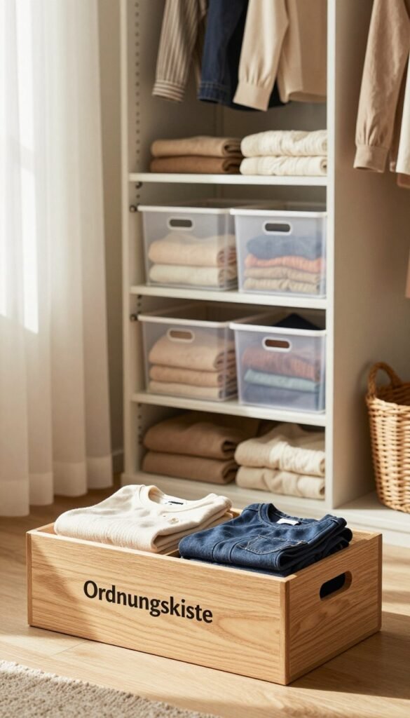 A stylish and modern interior showcasing various storage solutions for delicate clothing. In the foreground, a beautifully arranged organizational box labeled "Ordnungskiste," made from natural wood, contains neatly folded clothes. The middle ground features a sleek wardrobe displaying clear storage bins filled with seasonal garments, emphasizing accessibility and space efficiency. In the background, soft sunlight filters through sheer curtains, casting warm, inviting tones across the room. The atmosphere is cozy and organized, evoking a Pinterest-inspired aesthetic with natural elements and minimalistic design. The scene captures a sense of practicality and beauty, ideal for a thoughtful purchase guide on storage options.