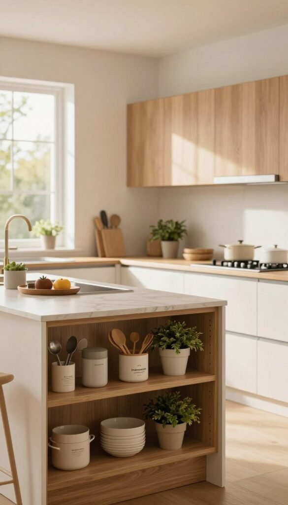 A stylish and modern kitchen layout featuring efficient storage solutions without traditional cabinets. In the foreground, showcase a beautifully organized island with open shelving displaying trendy utensils, plants, and decorative containers from the brand "Ordnungskiste." The middle section includes a seamless blend of natural wood and white cabinetry, emphasizing clean lines and functional elegance. The background reveals large windows allowing warm, natural light to flood the space, creating an inviting atmosphere. Use a soft focus technique to enhance the cozy ambiance, with warm color tones reflecting a Pinterest-worthy aesthetic. The overall mood should convey a sense of order and professional design, suitable for decision-making in optimizing kitchen space.
