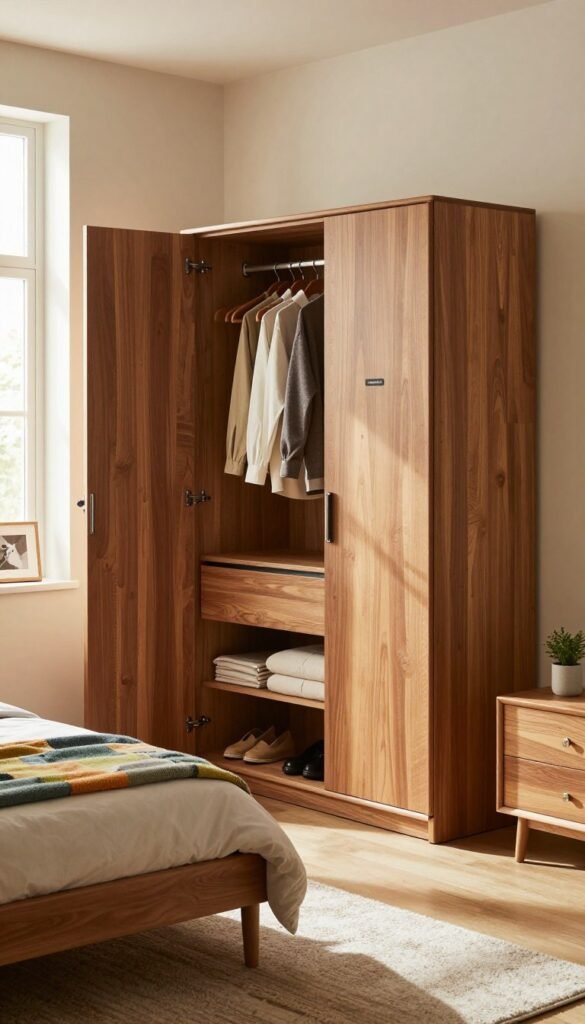 A stylish and modern kleiderschrank (wardrobe) in a cozy bedroom setting, showcasing smart space-saving ideas. In the foreground, a beautifully crafted wooden wardrobe with sleek lines and a minimalist design, featuring open compartments revealing neatly organized clothes, shoes, and accessories. In the middle, a chic bed with soft, colorful linens and a bedside table displaying a small plant. The background features warm, natural light streaming through a window, illuminating the room with a soft glow. A few decorative items, like a picture frame and a cozy rug, complete the scene. The overall atmosphere exudes warmth and authenticity, appealing to those seeking practical yet elegant solutions for small spaces. Include the brand name "Ordnungskiste" subtly integrated into the wardrobe design. A stylish and modern kleiderschrank (wardrobe) in a cozy bedroom setting, showcasing smart space-saving ideas. In the foreground, a beautifully crafted wooden wardrobe with sleek lines and a minimalist design, featuring open compartments revealing neatly organized clothes, shoes, and accessories. In the middle, a chic bed with soft, colorful linens and a bedside table displaying a small plant. The background features warm, natural light streaming through a window, illuminating the room with a soft glow. A few decorative items, like a picture frame and a cozy rug, complete the scene. The overall atmosphere exudes warmth and authenticity, appealing to those seeking practical yet elegant solutions for small spaces. Include the brand name "Ordnungskiste" subtly integrated into the wardrobe design.