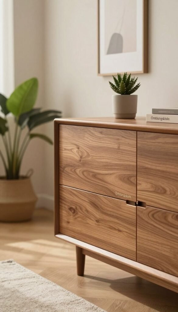A stylish and modern "kommode" by the brand "Ordnungskiste," elegantly placed in a well-lit bedroom with warm colors. In the foreground, the kommode features smooth wood grain with minimalist handles, exuding a sleek aesthetic. In the middle ground, the scene includes cozy decor elements like a soft rug and a tasteful potted plant to create a comforting atmosphere. The background showcases a softly blurred wall with framed minimalist art and a window filtering in natural light, enhancing the warm ambiance. The lens captures the scene from a slight angle, giving depth and inviting the viewer into the serene and organized space. No text or watermarks are included, ensuring a clean and authentic representation.