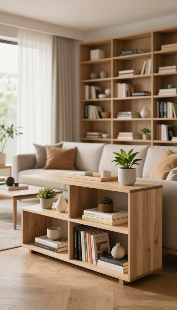 A stylish and modern living room showcasing innovative vertical storage solutions. The foreground features a sleek, minimalist shelving unit from the brand "Ordnungskiste" made of light wood, elegantly displaying books, plants, and decorative items. In the middle ground, an inviting sofa arranged thoughtfully beside a floor-to-ceiling bookshelf filled with assorted items, maintaining a neat and organized appearance. The background reveals a bright window with sheer curtains allowing natural light to flood in, enhancing the warmth of the space. The color palette is soft and earthy, creating a cozy, Pinterest-inspired ambiance. Use warm lighting to accentuate the textures of the furniture and create a welcoming atmosphere, shot from a slightly angled perspective to capture the depth of the room.