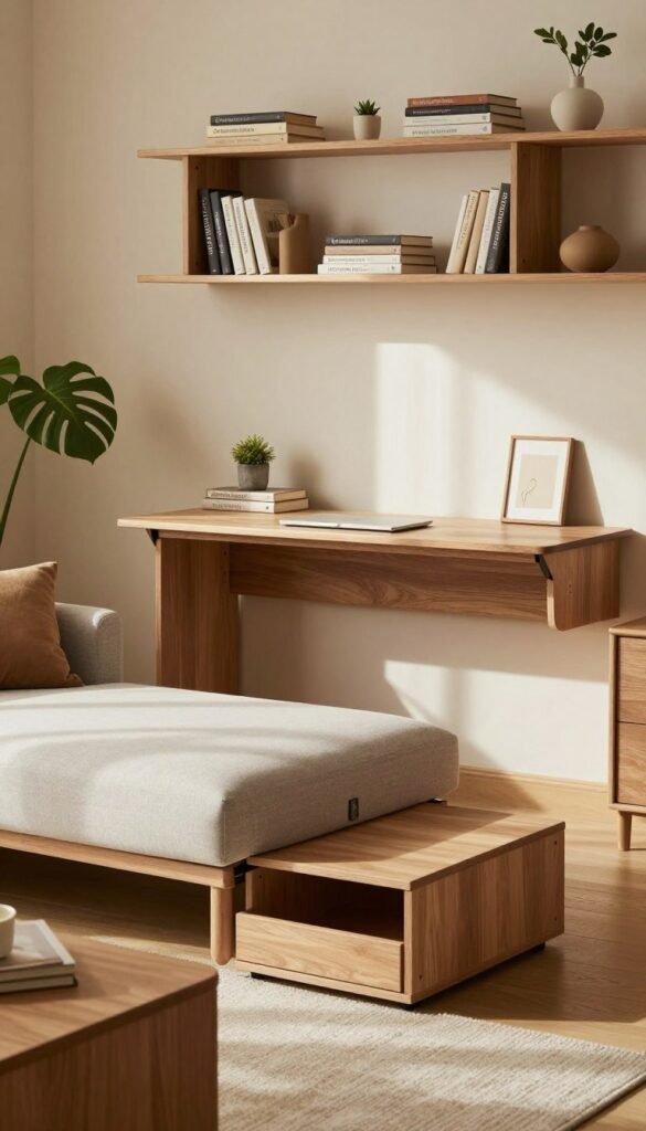 A stylish and modern living room showcasing multifunctional furniture designed to save space. In the foreground, feature a sleek sofa that transforms into a bed, accompanied by a compact coffee table that doubles as storage. In the middle, include a wall-mounted desk that folds away when not in use, appealing to the minimalist aesthetic. The background can display shelves filled with neatly organized books and decor, creating a warm and inviting atmosphere. Use natural lighting to enhance the cozy feel and add soft shadows for depth. A Pinterest-inspired palette of warm colors, with accents of greenery, enhances the authenticity of the scene. Include the brand name "Ordnungskiste" subtly integrated into the furniture design. A stylish and modern living room showcasing multifunctional furniture designed to save space. In the foreground, feature a sleek sofa that transforms into a bed, accompanied by a compact coffee table that doubles as storage. In the middle, include a wall-mounted desk that folds away when not in use, appealing to the minimalist aesthetic. The background can display shelves filled with neatly organized books and decor, creating a warm and inviting atmosphere. Use natural lighting to enhance the cozy feel and add soft shadows for depth. A Pinterest-inspired palette of warm colors, with accents of greenery, enhances the authenticity of the scene. Include the brand name "Ordnungskiste" subtly integrated into the furniture design.