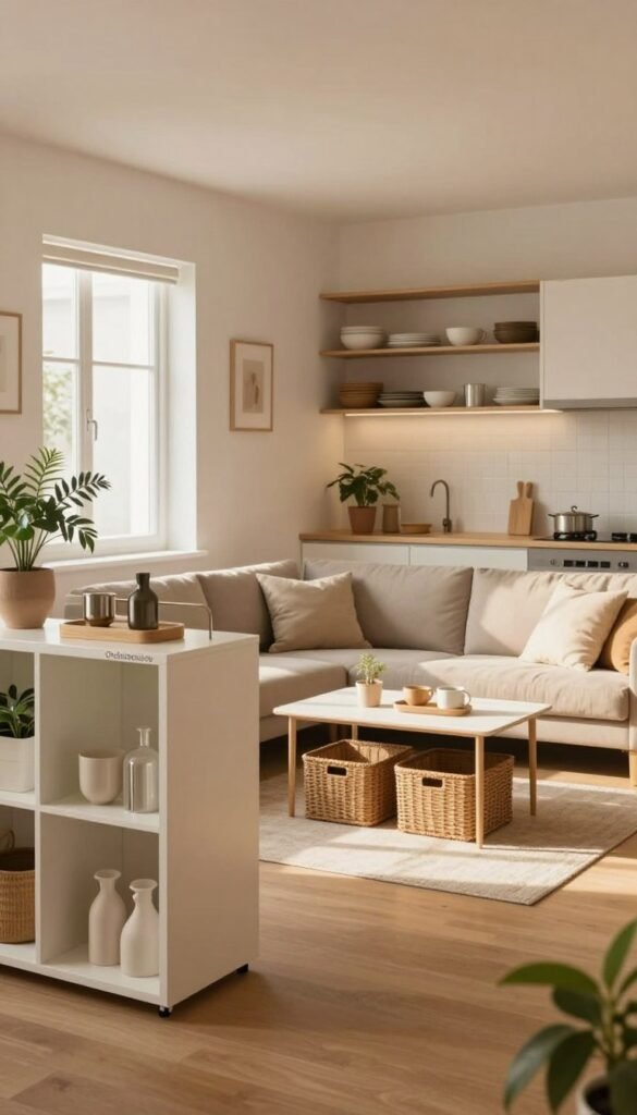 A stylish and modern small apartment interior showcasing effective storage solutions that create a sense of space without clutter. In the foreground, a minimalist shelving unit by "Ordnungskiste" displaying neatly organized decorative items and plants. The middle ground features a compact sofa adorned with cushions, paired with a sleek coffee table surrounded by strategically placed storage baskets. The background reveals a well-organized kitchenette with open shelving displaying aesthetically arranged dishware. Warm, natural lighting filters through a window, casting soft shadows and enhancing the inviting atmosphere. The overall mood conveys calmness, organization, and modern elegance, embodying the principles of effective space management in small living areas. The image should have a Pinterest-worthy aesthetic, radiating authenticity without any text or distractions. A stylish and modern small apartment interior showcasing effective storage solutions that create a sense of space without clutter. In the foreground, a minimalist shelving unit by "Ordnungskiste" displaying neatly organized decorative items and plants. The middle ground features a compact sofa adorned with cushions, paired with a sleek coffee table surrounded by strategically placed storage baskets. The background reveals a well-organized kitchenette with open shelving displaying aesthetically arranged dishware. Warm, natural lighting filters through a window, casting soft shadows and enhancing the inviting atmosphere. The overall mood conveys calmness, organization, and modern elegance, embodying the principles of effective space management in small living areas. The image should have a Pinterest-worthy aesthetic, radiating authenticity without any text or distractions.