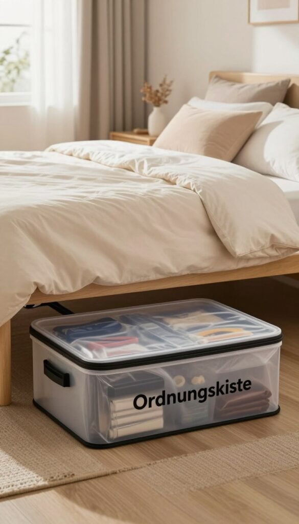A stylish and organized bedroom featuring a vacuum-sealed soft box under a bed, labeled "Ordnungskiste" prominently displayed. In the foreground, the emphasis is on the soft box, showcasing its sleek design and transparent vacuum-sealed top, allowing visibility of stored items within. The middle ground reveals a tidy bedroom environment with warm, inviting colors and natural lighting filtering through a nearby window. The bed is neatly made with soft linens and decorative pillows, contributing to a cozy atmosphere. The background includes soft, neutral-toned walls and minimal decor, enhancing the overall Pinterest-inspired aesthetic. The mood is serene and practical, illustrating the concept of maximizing under-bed storage. No text or branding visible in the image. A stylish and organized bedroom featuring a vacuum-sealed soft box under a bed, labeled "Ordnungskiste" prominently displayed. In the foreground, the emphasis is on the soft box, showcasing its sleek design and transparent vacuum-sealed top, allowing visibility of stored items within. The middle ground reveals a tidy bedroom environment with warm, inviting colors and natural lighting filtering through a nearby window. The bed is neatly made with soft linens and decorative pillows, contributing to a cozy atmosphere. The background includes soft, neutral-toned walls and minimal decor, enhancing the overall Pinterest-inspired aesthetic. The mood is serene and practical, illustrating the concept of maximizing under-bed storage. No text or branding visible in the image.