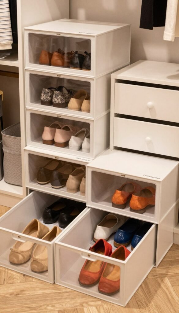 A stylish and organized closet featuring "Ordnungskiste" shoe boxes with clear windows, neatly arranged to showcase the contents. In the foreground, focus on a couple of boxes opened, revealing a vibrant variety of shoes in contrasting colors for visual appeal. The middle ground displays additional boxes stacked elegantly, highlighting both the window design and the drawer-style boxes for easy access. The background includes a softly lit, neutral-toned closet interior with warm, inviting colors, creating a harmonious and cozy atmosphere. Use natural light to enhance the authenticity, capturing the texture of the materials. The camera angle is slightly above eye level, providing a comprehensive view that conveys both functionality and aesthetic beauty, perfect for a Pinterest look. A stylish and organized closet featuring "Ordnungskiste" shoe boxes with clear windows, neatly arranged to showcase the contents. In the foreground, focus on a couple of boxes opened, revealing a vibrant variety of shoes in contrasting colors for visual appeal. The middle ground displays additional boxes stacked elegantly, highlighting both the window design and the drawer-style boxes for easy access. The background includes a softly lit, neutral-toned closet interior with warm, inviting colors, creating a harmonious and cozy atmosphere. Use natural light to enhance the authenticity, capturing the texture of the materials. The camera angle is slightly above eye level, providing a comprehensive view that conveys both functionality and aesthetic beauty, perfect for a Pinterest look.