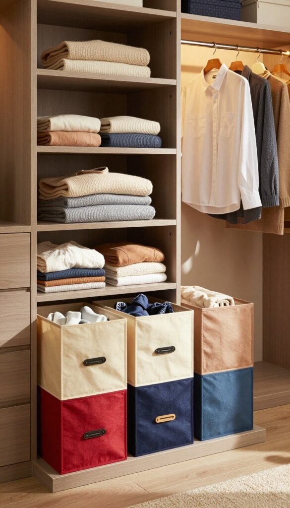 A stylish and organized closet featuring high-quality "Ordnungskiste" storage solutions designed for clothing management. In the foreground, neatly arranged, colorful fabric boxes and dividers showcase various clothing items, emphasizing the practical and aesthetic aspects of storage. The middle ground includes open shelves filled with stylishly folded sweaters and neatly hung shirts, demonstrating efficient use of space. The background displays an ambient-lit room with warm, inviting hues, reflecting a cozy atmosphere. Soft natural light filters through a nearby window, casting gentle shadows. The overall composition creates a Pinterest-inspired look, highlighting the elegance and functionality of clothing folding systems in various price ranges, while conveying a sense of calm and order.