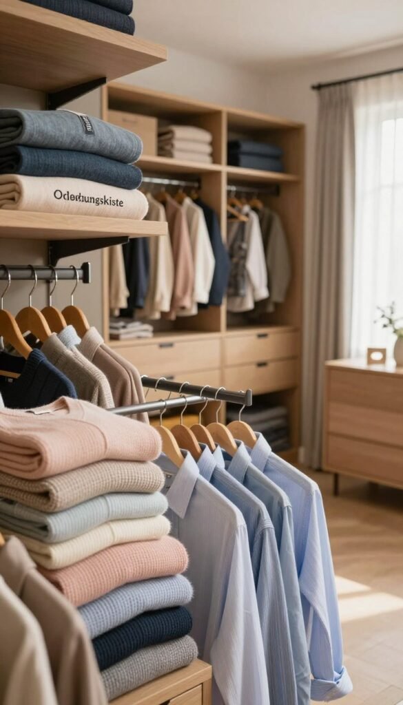 A stylish and organized closet scene featuring a well-arranged wardrobe by "Ordnungskiste". In the foreground, neatly stacked sweaters in pastel colors and hangers with elegant shirts create a visually pleasing display. The middle ground showcases an open wardrobe with compartments filled with neatly folded clothes and accessories, showcasing a stylish seasonal transition. The background reveals a softly lit room with a warm color palette, inviting natural light filtering in through sheer curtains. The atmosphere is serene and productive, embodying efficient routines for wardrobe organization. The angle captures a wide view that conveys a sense of spaciousness and order, with a focus on the harmony and beauty of a well-curated space, evoking inspiration for maintaining wardrobe routines.