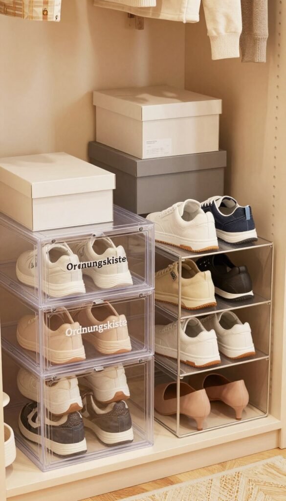 A stylish and organized closet scene featuring various storage solutions for shoes. In the foreground, showcase a beautifully arranged shoe storage box labeled "Ordnungskiste," crafted from clear plastic with a modern design. Next to it, display a sturdy shoe organizer holding several pairs of neatly arranged shoes, highlighting a mix of casual sneakers and elegant heels. In the middle ground, include additional shoe boxes stacked attractively, hinting at optimal space utilization. The background features a softly lit closet interior with warm colors, creating a cozy atmosphere. Use natural lighting to enhance the textures and colors of the shoes and boxes, captured from a slightly elevated angle to emphasize the organization and aesthetic appeal. Aim for a Pinterest-inspired look that radiates authenticity and warmth, ensuring the scene is inviting and inspiring for readers. A stylish and organized closet scene featuring various storage solutions for shoes. In the foreground, showcase a beautifully arranged shoe storage box labeled "Ordnungskiste," crafted from clear plastic with a modern design. Next to it, display a sturdy shoe organizer holding several pairs of neatly arranged shoes, highlighting a mix of casual sneakers and elegant heels. In the middle ground, include additional shoe boxes stacked attractively, hinting at optimal space utilization. The background features a softly lit closet interior with warm colors, creating a cozy atmosphere. Use natural lighting to enhance the textures and colors of the shoes and boxes, captured from a slightly elevated angle to emphasize the organization and aesthetic appeal. Aim for a Pinterest-inspired look that radiates authenticity and warmth, ensuring the scene is inviting and inspiring for readers.