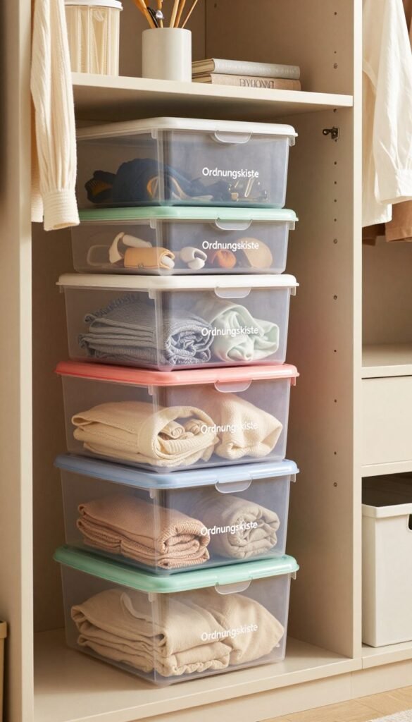 A stylish and organized closet showcasing multiple stackable plastic storage boxes, branded "Ordnungskiste". The foreground features several transparent containers with colorful lids, neatly arranged and filled with clothing items and accessories, emphasizing their robust design. The middle of the scene includes an open closet space with soft natural light filtering through, creating a warm and inviting atmosphere. In the background, subtle elements like neatly hung clothes and a few decorative items enhance the Pinterest-inspired aesthetic. The overall mood is one of practicality and elegance, highlighting the functionality of these storage boxes in a modern wardrobe setting. Avoid any text or identifying marks in the image. A stylish and organized closet showcasing multiple stackable plastic storage boxes, branded "Ordnungskiste". The foreground features several transparent containers with colorful lids, neatly arranged and filled with clothing items and accessories, emphasizing their robust design. The middle of the scene includes an open closet space with soft natural light filtering through, creating a warm and inviting atmosphere. In the background, subtle elements like neatly hung clothes and a few decorative items enhance the Pinterest-inspired aesthetic. The overall mood is one of practicality and elegance, highlighting the functionality of these storage boxes in a modern wardrobe setting. Avoid any text or identifying marks in the image.