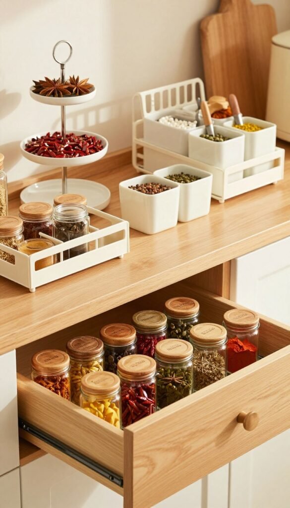A stylish and organized drawer filled with different types of spice racks, showcasing various designs such as tiered stands, pull-out racks, and modular containers. The foreground features an open drawer revealing labeled glass jars filled with colorful spices, arranged by type. The middle ground displays the various spice racks in a well-lit, natural wood setting. In the background, a cozy kitchen ambiance with warm lighting enhances the inviting atmosphere. The scene captures a warm, Pinterest-inspired aesthetic with natural colors and soft shadows, creating a homely and practical vibe. The focus is solely on the spice storage solutions, devoid of any text or distractions, ensuring an authentic representation of "gewürzregal schublade" in ergonomic design. A stylish and organized drawer filled with different types of spice racks, showcasing various designs such as tiered stands, pull-out racks, and modular containers. The foreground features an open drawer revealing labeled glass jars filled with colorful spices, arranged by type. The middle ground displays the various spice racks in a well-lit, natural wood setting. In the background, a cozy kitchen ambiance with warm lighting enhances the inviting atmosphere. The scene captures a warm, Pinterest-inspired aesthetic with natural colors and soft shadows, creating a homely and practical vibe. The focus is solely on the spice storage solutions, devoid of any text or distractions, ensuring an authentic representation of "gewürzregal schublade" in ergonomic design.