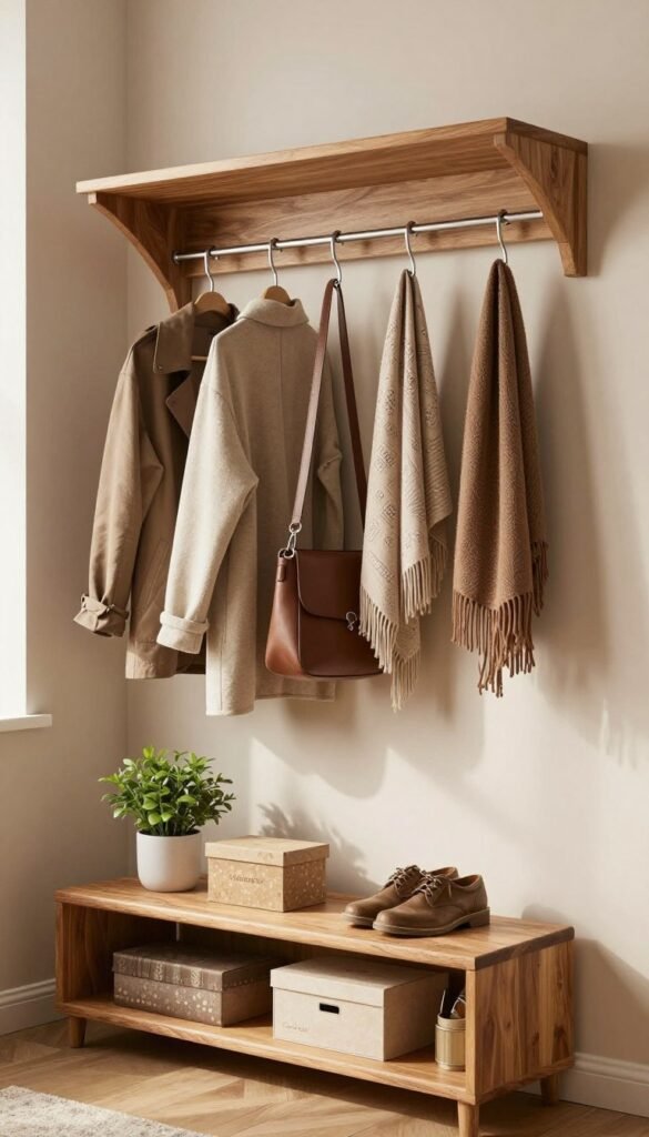 A stylish and organized "garderobe wand" designed for a hallway, showcasing a combination of hooks, shelves, and storage compartments. The image features a range of jackets, bags, and scarves neatly arranged on elegant hooks, with a warm color palette of soft browns and beige to create an inviting atmosphere. In the foreground, highlight a beautifully crafted wooden shelf containing decorative boxes and a potted plant for a touch of greenery. The middle ground showcases the hanging items, all thoughtfully aligned to enhance functionality. In the background, soft natural light filters through a nearby window, casting gentle shadows, accentuating the textures of the wood and the fabric of the garments. The overall mood is cozy and organized, embodying the aesthetic of "Ordnungskiste."