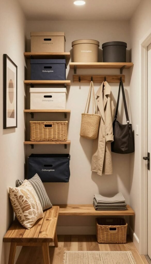 A stylish and organized hallway featuring a well-coordinated arrangement of "Ordnungskiste" storage solutions, showcasing various sizes and designs that fit seamlessly into small spaces. In the foreground, a sleek wooden bench with decorative cushions invites relaxation, while a vibrant plant adds a touch of nature. The middle section displays neatly arranged boxes, baskets, and hooks for coats and bags, all presented in warm, natural colors that convey a cozy atmosphere. In the background, soft ambient lighting enhances the inviting feel of the space, casting gentle shadows that highlight the textures of the materials used. The composition captures a Pinterest-worthy aesthetic that emphasizes practicality and elegance, reflecting the transformative impact of thoughtful design in limited areas.