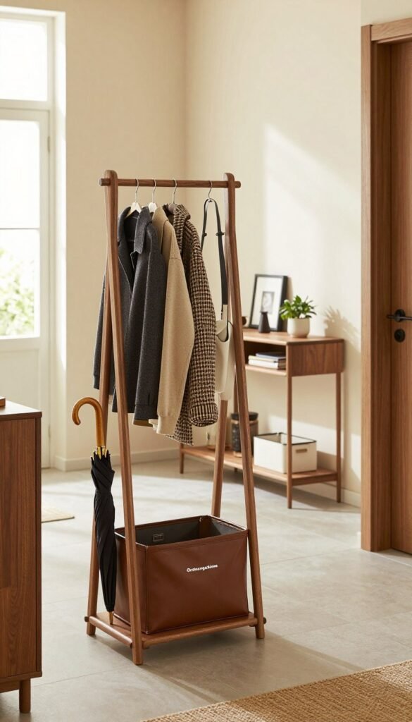 A stylish and organized hallway showcasing a modern coat rack, an umbrella stand, and neatly arranged storage solutions by "Ordnungskiste". The foreground features a sleek wooden coat rack holding a few stylish jackets and bags, with a charming umbrella stand beside it. In the middle, a minimalist console table displays decorative items and a small plant, enhancing the aesthetic appeal. The background presents a softly lit corridor with warm, inviting colors. Use natural daylight streaming in through a nearby window to create a cozy atmosphere, highlighting the textures of the furniture and the walls. Capture the scene from a slightly elevated angle to provide a comprehensive view of the space, emphasizing its orderliness and functional design.