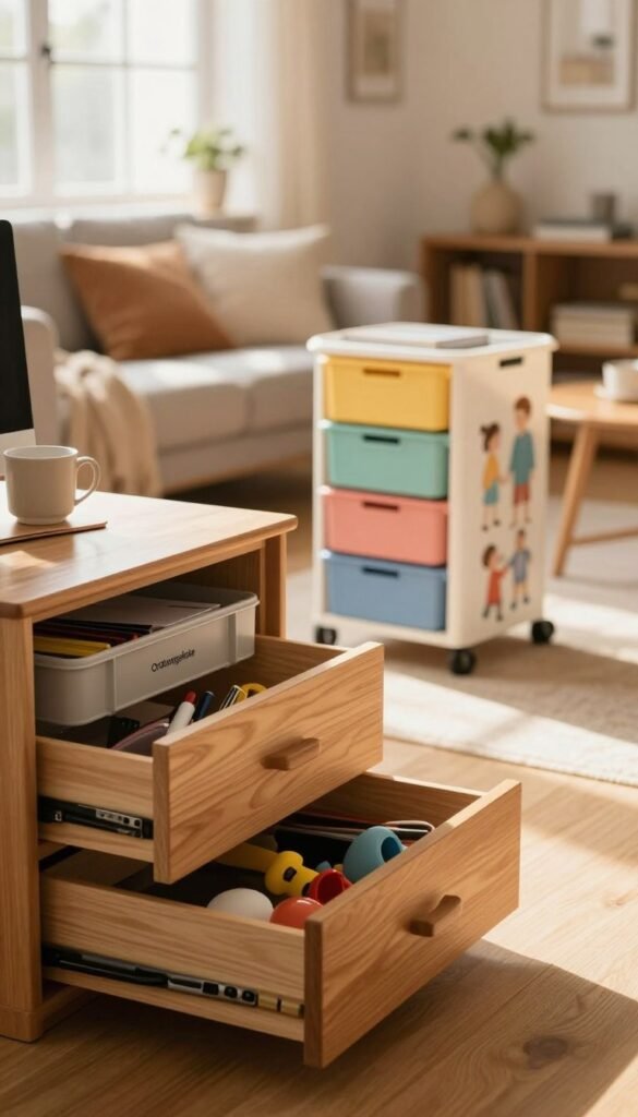 A stylish and organized home interior featuring "Ordnungskiste" storage solutions. In the foreground, showcase a sleek set of wooden drawers with a mix of natural finishes, open slightly to reveal neatly arranged items like office supplies and toys. In the middle ground, include a practical rolling container with wheels, filled with colorful, labeled bins, displaying a family-friendly aesthetic. The background should feature a cozy, well-lit living room space with soft, warm lighting streaming in through a window, accentuating a soothing and inviting atmosphere. Use a shallow depth of field to draw focus on the storage solutions while keeping the cozy home environment slightly blurred, creating a harmonious and Pinterest-inspired look. The overall feel should be authentic and warm, devoid of any text or branding outside the designated "Ordnungskiste".