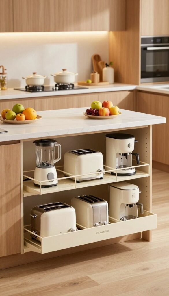 A stylish and organized kitchen scene featuring a "Ordnungskiste" storage solution specifically designed for household appliances. In the foreground, showcase a beautifully arranged kitchen cabinet with neatly stored small appliances like a blender, toasters, and coffee makers, all thoughtfully placed within the Ordnungskiste compartments. In the middle ground, include a modern kitchen countertop adorned with elegant cookware and vibrant fruits, creating a warm, inviting atmosphere. The background should feature softly lit cabinetry with natural wood textures, enhancing the aesthetic with warm tones. Use soft, natural lighting to highlight the organized setup, and capture the image from a slightly elevated angle to emphasize the depth and cohesiveness of the kitchen layout. The overall mood should feel tidy, functional, and inspiring, embodying the essence of practical storage solutions.
