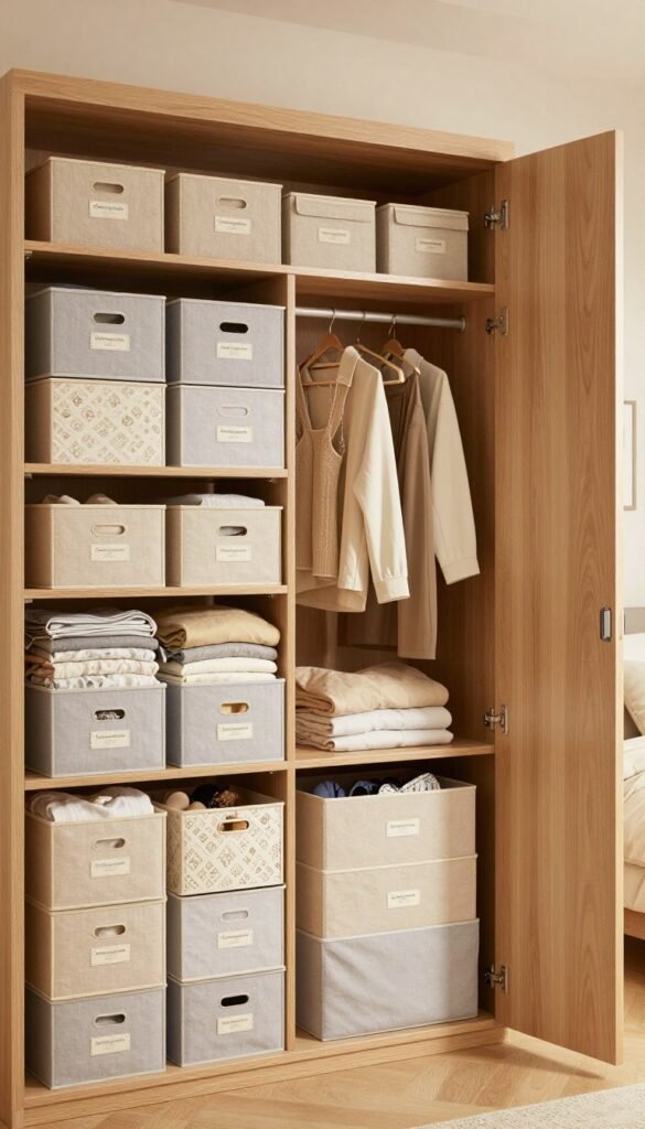 A stylish and organized kleiderschrank organizer featuring multiple stackable storage boxes branded "Ordnungskiste". The foreground showcases a variety of these boxes in soft, neutral colors like beige and light gray, some with decorative patterns, filled with folded clothes and accessories. In the middle, a wooden closet door is slightly ajar, revealing a cozy interior with hanging garments and neatly arranged boxes. The background presents a softly lit room with warm lighting, enhancing a peaceful, inviting atmosphere. Use a wide-angle lens to capture the entire scene with ample depth, emphasizing the practicality and aesthetic appeal of low-budget organization solutions. The overall mood should feel warm, inspiring, and homely, without any text or distractions in the image.