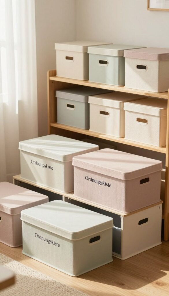 A stylish and organized living room scene featuring various "Ordnungskiste" storage boxes with lids and under-bed storage solutions. In the foreground, showcase a selection of beautifully designed boxes in soft pastel colors with elegant textures. The middle ground displays a neatly arranged shelf filled with these storage boxes, creatively labeled for easy identification. The background shows a well-lit, cozy room with warm sunlight filtering through sheer curtains, enhancing the inviting atmosphere. Use a soft focus to highlight the details of the boxes while maintaining an overall Pinterest-inspired aesthetic with natural and warm color tones. The scene embodies a sense of order and tranquility, perfect for showcasing efficient home organization.