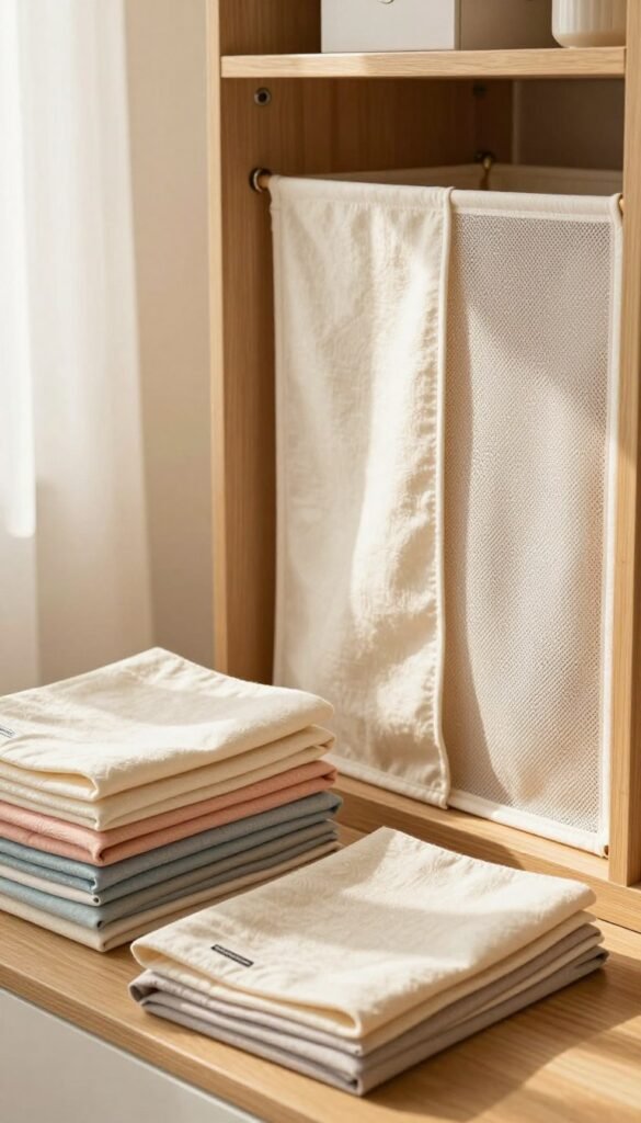 A stylish and organized setup showcasing various textile organizers made of non-woven fabric, Oxford cloth, and mesh material. In the foreground, neatly folded organizers in soft pastel colors rest on a wooden surface, each displaying its lightweight and foldable features. The middle ground features a stylishly decorated wardrobe, highlighting the ease with which these organizers fit into everyday life. The background includes a softly-lit room with warm natural tones, gently diffused sunlight filtering through a window, creating an inviting atmosphere. The brand "Ordnungskiste" is subtly incorporated into the scene, emphasizing functionality and aesthetic appeal. The image should embody a Pinterest-inspired aesthetic, capturing the essence of organization in a warm, authentic manner.