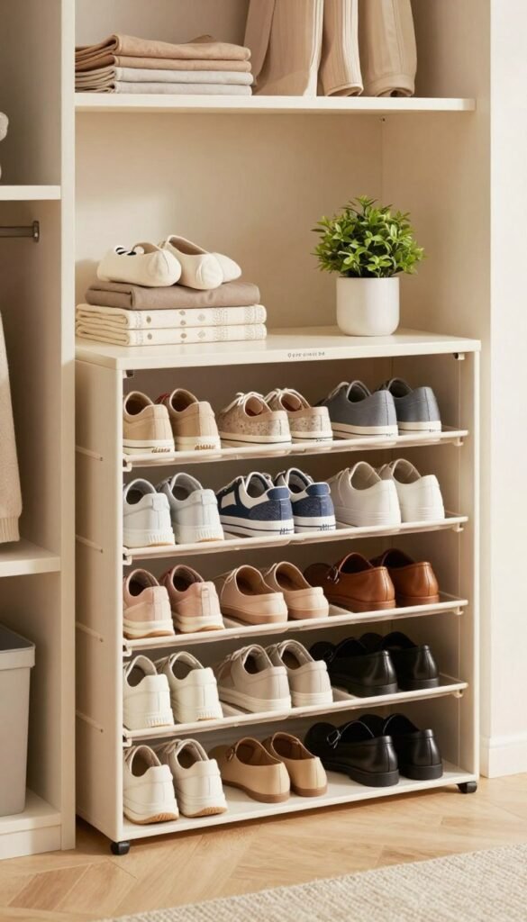 A stylish and organized shoe storage solution featuring various types of footwear neatly arranged. In the foreground, showcase a sleek, modern shoe organizer labeled "Ordnungskiste," filled with an array of shoes, including sneakers, heels, and loafers, each pair distinctly visible. In the middle ground, include a well-lit, cozy closet space with neatly organized shelves and a small potted plant for a touch of greenery. The background should present a softly lit room with neutral tones, enhancing the warm color palette. Use soft, natural lighting to create an inviting atmosphere, capturing the essence of a tidy, functional wardrobe. The scene has a Pinterest-inspired aesthetic, emphasizing organization and style without any text or embellishments. A stylish and organized shoe storage solution featuring various types of footwear neatly arranged. In the foreground, showcase a sleek, modern shoe organizer labeled "Ordnungskiste," filled with an array of shoes, including sneakers, heels, and loafers, each pair distinctly visible. In the middle ground, include a well-lit, cozy closet space with neatly organized shelves and a small potted plant for a touch of greenery. The background should present a softly lit room with neutral tones, enhancing the warm color palette. Use soft, natural lighting to create an inviting atmosphere, capturing the essence of a tidy, functional wardrobe. The scene has a Pinterest-inspired aesthetic, emphasizing organization and style without any text or embellishments.