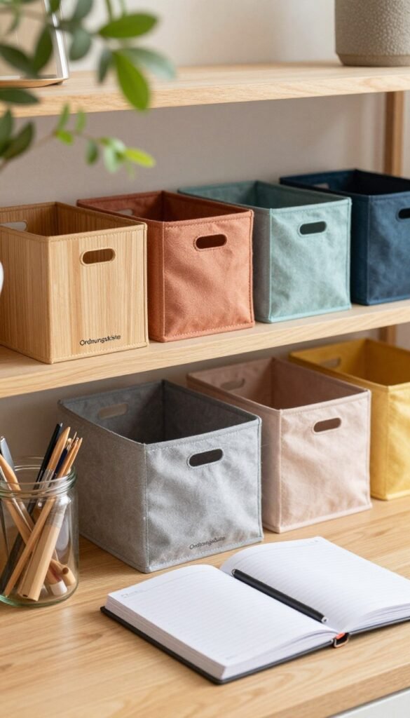 A stylish and organized space showcasing various everyday organizers, including natural wood and colorful fabric bins, arranged neatly on a well-lit wooden shelf. In the foreground, a clear glass jar filled with office supplies and a sleek, modern planner lie open, inviting usage. The middle features an array of organizers labeled with the brand name "Ordnungskiste," emphasizing different styles suited for varied budgets and purposes. The background has soft-focused greenery, adding a touch of warmth and life to the scene, with a warm, natural light illuminating everything. The overall atmosphere conveys a sense of calm and efficiency, embodying a Pinterest-worthy aesthetic.