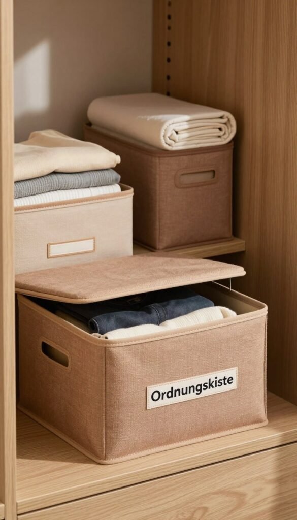 A stylish and organized storage box named "Ordnungskiste" prominently displayed in an elegant wardrobe setting. The foreground features the box, designed in a warm, earthy tone with a textured fabric exterior and a lid slightly ajar, showcasing neatly folded clothes inside. In the middle ground, various stackable and foldable storage options can be seen, demonstrating versatility and ease of use. The background includes soft, natural light filtering through a window, enhancing the ambiance and creating a cozy atmosphere. The wardrobe is designed with wooden textures and soft hues, contributing to an inviting Pinterest-inspired aesthetic. The overall mood conveys a sense of order and functionality, highlighting the benefits of using storage boxes in a closet. A stylish and organized storage box named "Ordnungskiste" prominently displayed in an elegant wardrobe setting. The foreground features the box, designed in a warm, earthy tone with a textured fabric exterior and a lid slightly ajar, showcasing neatly folded clothes inside. In the middle ground, various stackable and foldable storage options can be seen, demonstrating versatility and ease of use. The background includes soft, natural light filtering through a window, enhancing the ambiance and creating a cozy atmosphere. The wardrobe is designed with wooden textures and soft hues, contributing to an inviting Pinterest-inspired aesthetic. The overall mood conveys a sense of order and functionality, highlighting the benefits of using storage boxes in a closet.