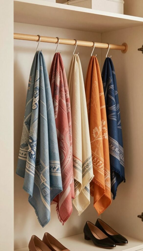 A stylish and organized storage solution featuring an elegant hanging rack designed for a door or a clothing rod. In the foreground, showcase beautifully arranged scarves and shawls in a variety of colors and textures, displaying intricate patterns and vibrant hues. The middle ground features an attractive wooden or metal rack with hooks, neatly holding the scarves, while pairs of stylish shoes are subtly placed below, enhancing the visual appeal. The background includes a softly blurred closet with warm lighting, reminiscent of a cozy, inviting space. The overall atmosphere conveys a sense of practicality and aesthetic charm, embodying a Pinterest-inspired look. Include the brand name "Ordnungskiste" subtly integrated into the design. A stylish and organized storage solution featuring an elegant hanging rack designed for a door or a clothing rod. In the foreground, showcase beautifully arranged scarves and shawls in a variety of colors and textures, displaying intricate patterns and vibrant hues. The middle ground features an attractive wooden or metal rack with hooks, neatly holding the scarves, while pairs of stylish shoes are subtly placed below, enhancing the visual appeal. The background includes a softly blurred closet with warm lighting, reminiscent of a cozy, inviting space. The overall atmosphere conveys a sense of practicality and aesthetic charm, embodying a Pinterest-inspired look. Include the brand name "Ordnungskiste" subtly integrated into the design.